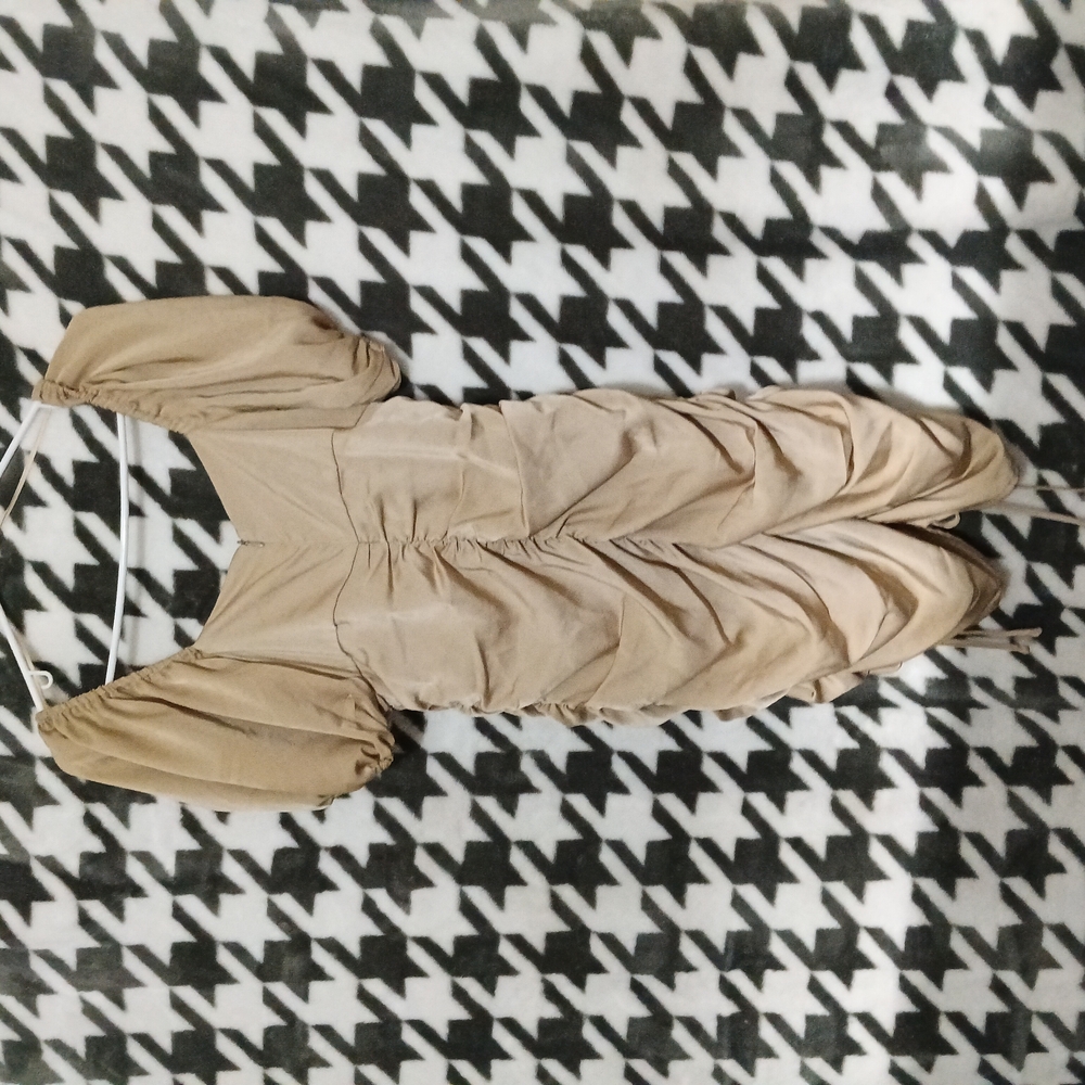 Tan Ruched Puff Sleeve Dress